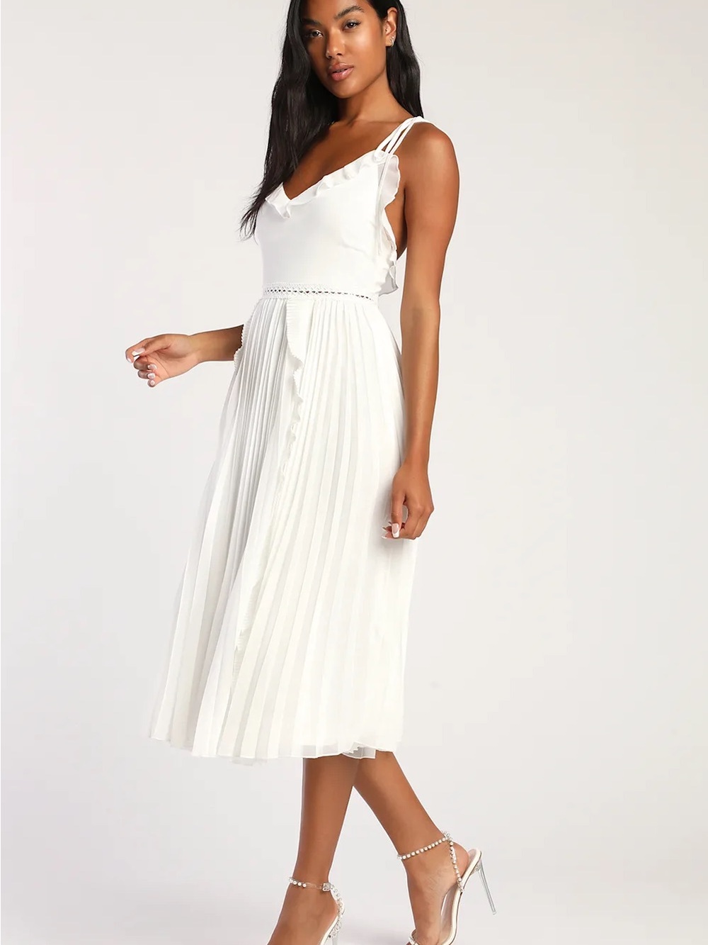 NWT Lulus‎ Never a Dull Moment White Tie-Strap Pleated Midi Dress XS